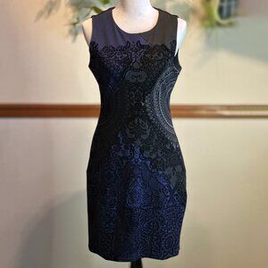 Blue and Black Sleeveless Dress with Velvet Lace Overlay